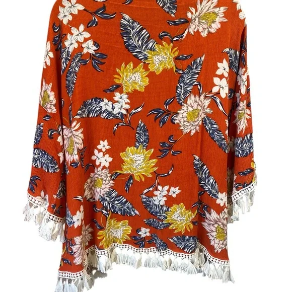 Umgee Rust Orange Floral Kimono Cardigan Small Tassel Fringe BohoFestival Style - Picture 5 of 7